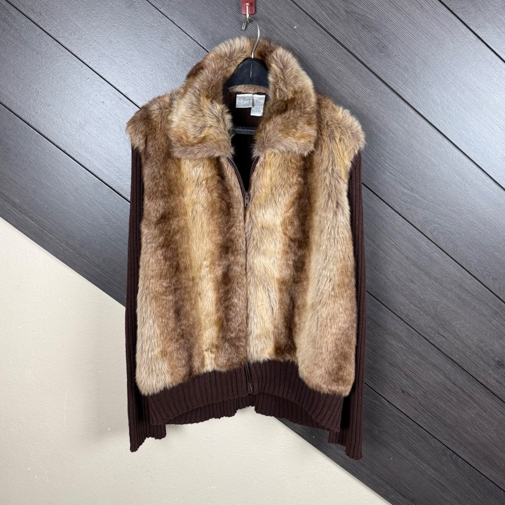 Fashion Bug Women's 26/28W Faux Fur Ribbed Sweater Jacket Brown Y2K Deadstock